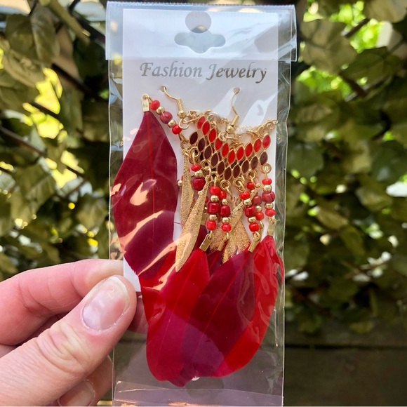 Bohemian Diamond Feather Dark Red Earrings - Picture 7 of 10